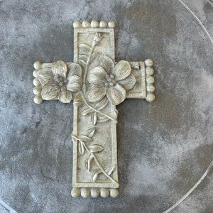 Floral Decorative Cross Wall Plaque - Ivory Stone Finish